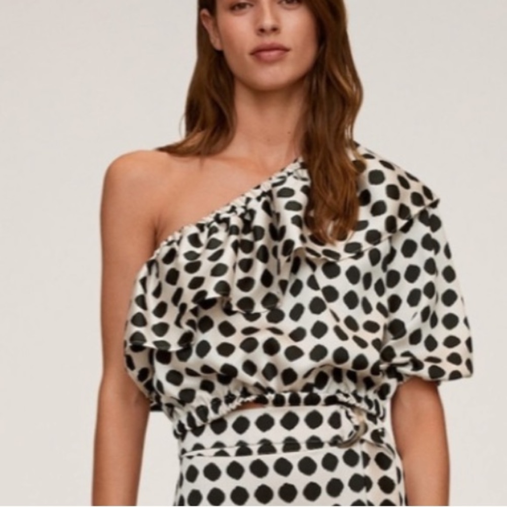 Mango Black and White Polka Dot One-Shoulder Crop Top